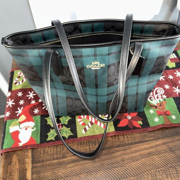 Coach Zip Top Tote with Green And Black Field Plaid Print (Style F80028) - Picture 11 of 11